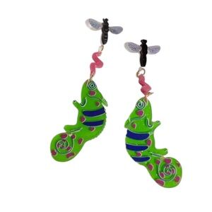 Green Lizard & Fly Dangle Earrings